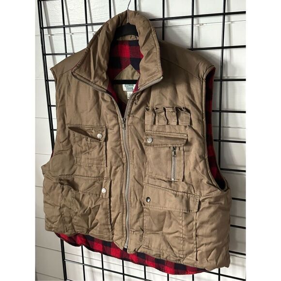 Ozark Trail Vest 90s streetwear Mens Utility Tan Red Black Buffalo Plaid Hunting - Picture 3 of 10